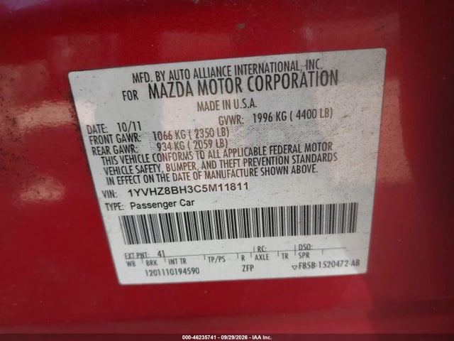 Продажа на аукционе авто 2012 Mazda Mazda6 I Sport, vin: 1YVHZ8BH3C5M11811, номер лота: 46235741