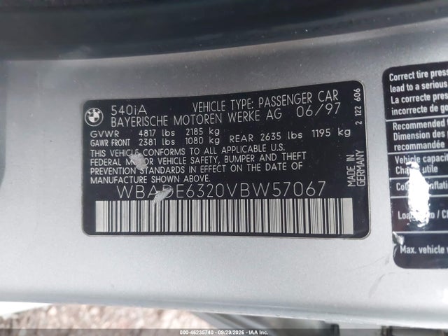 46235740 :رقم المزاد ، WBADE6320VBW57067 vin ، 1997 Bmw 540ia مزاد بيع