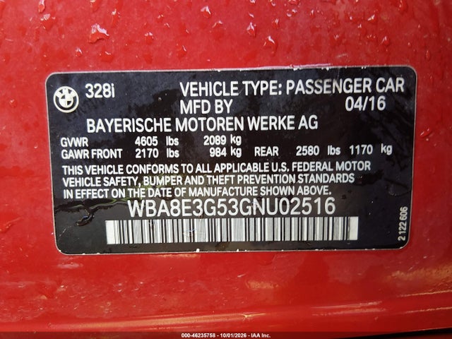 46235758 :رقم المزاد ، WBA8E3G53GNU02516 vin ، 2016 Bmw 328i Xdrive مزاد بيع