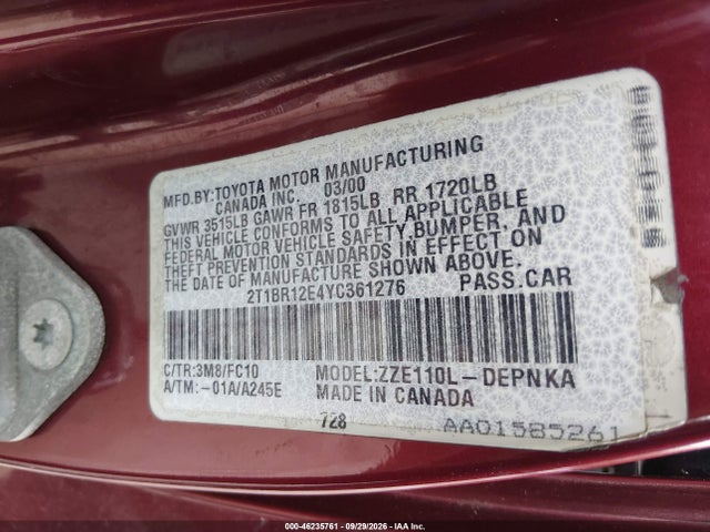 46235761 :رقم المزاد ، 2T1BR12E4YC361276 vin ، 2000 Toyota Corolla Le مزاد بيع