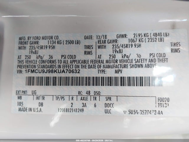 Продаж на аукціоні авто 2019 Ford Escape Titanium, vin: 1FMCU9J98KUA70632, номер лоту: 46235769