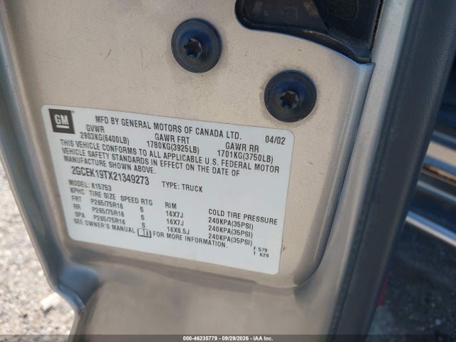 46235779 :رقم المزاد ، 2GCEK19TX21349273 vin ، 2002 Chevrolet Silverado 1500 Ls مزاد بيع