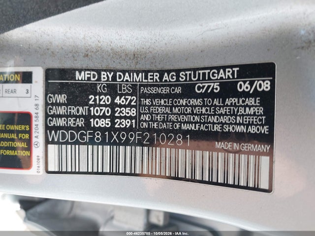 Aukcja sprzedaży 2009 Mercedes-benz C-class 3.0l Luxury/3.0l Sport, vin: WDDGF81X99F210281, numer aukcji: 46235785