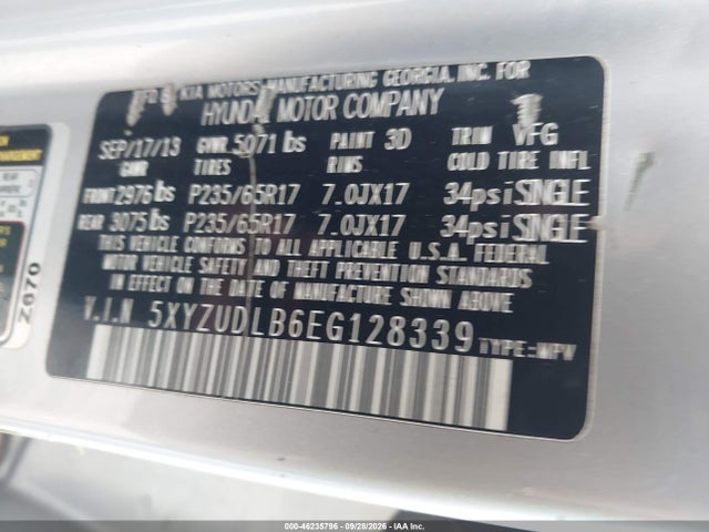 46235796 :رقم المزاد ، 5XYZUDLB6EG128339 vin ، 2014 Hyundai Santa Fe Sport 2.4l مزاد بيع