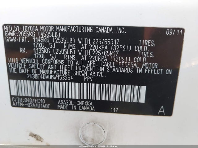Aukcja sprzedaży 2011 Toyota Rav4, vin: 2T3BF4DV0BW153254, numer aukcji: 46235804