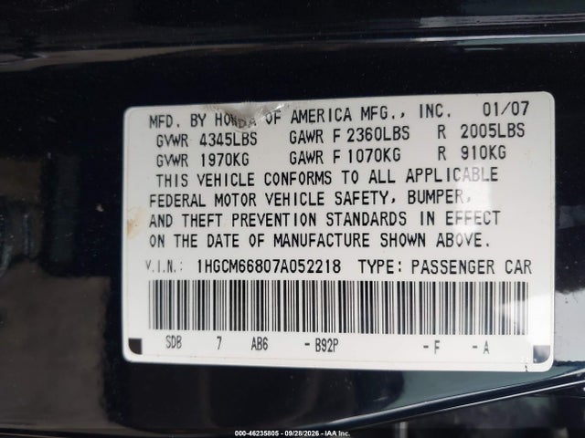 2007 Honda Accord 3.0 Ex მანქანა იყიდება აუქციონზე, vin: 1HGCM66807A052218, აუქციონის ნომერი: 46235805