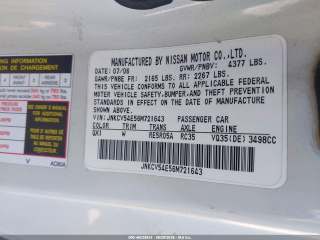 Aukcja sprzedaży 2006 Infiniti G35, vin: JNKCV54E56M721643, numer aukcji: 46235834