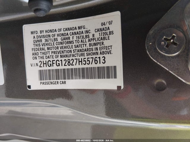 46235852 :رقم المزاد ، 2HGFG12827H557613 vin ، 2007 Honda Civic Ex مزاد بيع