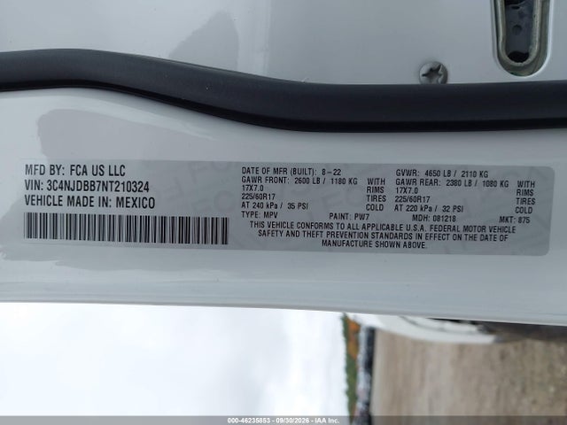 Продаж на аукціоні авто 2022 Jeep Compass Latitude 4x4, vin: 3C4NJDBB7NT210324, номер лоту: 46235853