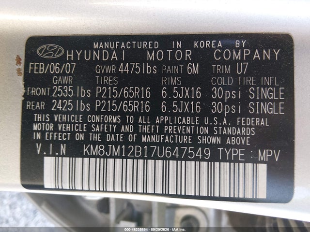 Aukcja sprzedaży 2007 Hyundai Tucson Gls, vin: KM8JM12B17U647549, numer aukcji: 46235894