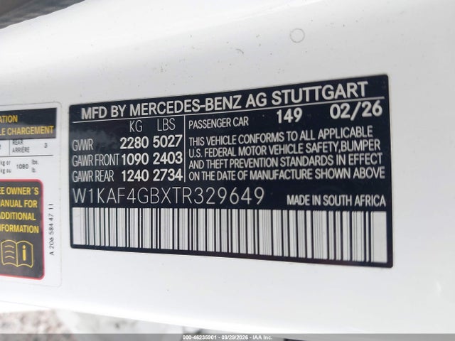 Aukcja sprzedaży 2026 Mercedes-benz C 300, vin: W1KAF4GBXTR329649, numer aukcji: 46235901