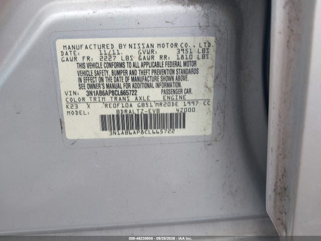 46235908 :رقم المزاد ، 3N1AB6AP8CL665722 vin ، 2012 Nissan Sentra 2.0 Sr مزاد بيع