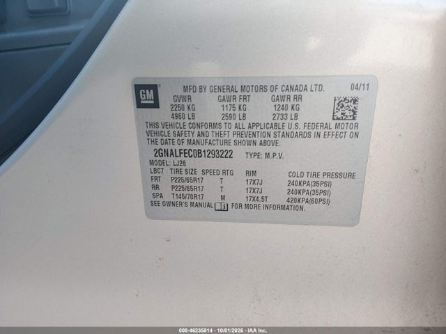 46235914 :رقم المزاد ، 2GNALFEC0B1293222 vin ، 2011 Chevrolet Equinox Ltz مزاد بيع