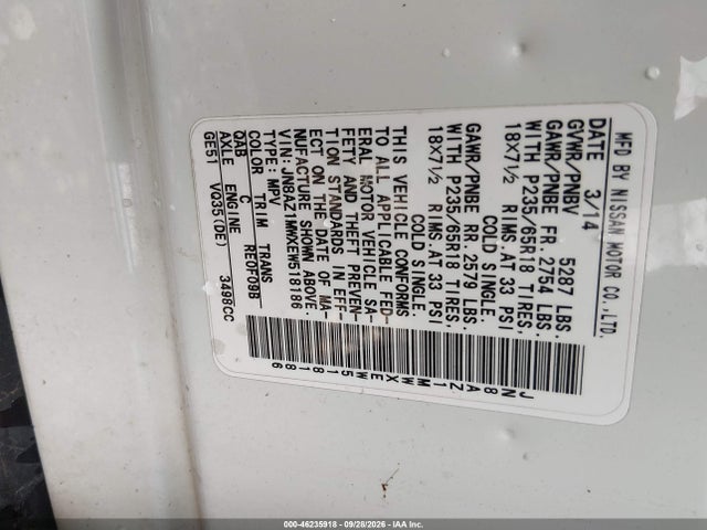 46235918 :رقم المزاد ، JN8AZ1MWXEW518186 vin ، 2014 Nissan Murano Sl مزاد بيع