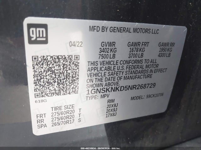 2022 Chevrolet Tahoe 4wd Lt მანქანა იყიდება აუქციონზე, vin: 1GNSKNKD5NR268729, აუქციონის ნომერი: 46235934