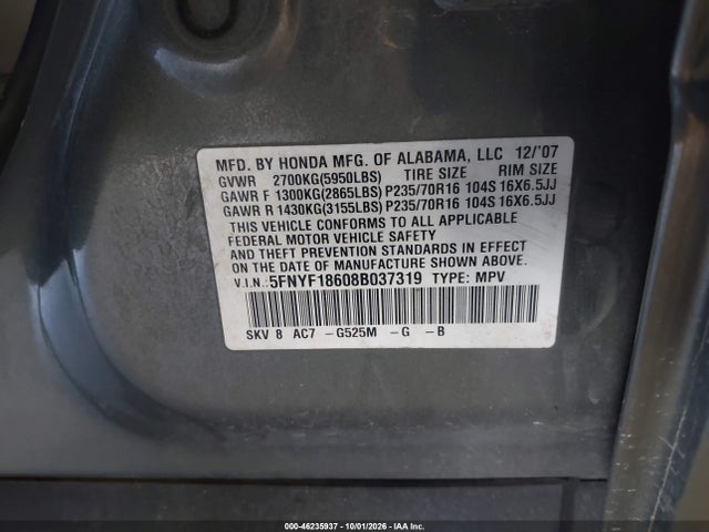 Aukcja sprzedaży 2008 Honda Pilot Ex-l, vin: 5FNYF18608B037319, numer aukcji: 46235937
