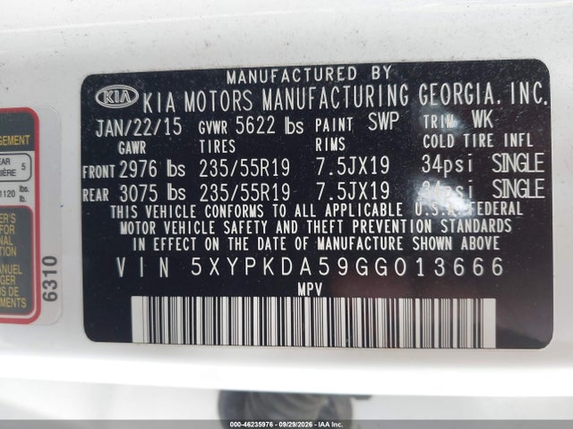 Aukcja sprzedaży 2016 Kia Sorento 3.3l Sxl, vin: 5XYPKDA59GG013666, numer aukcji: 46235976