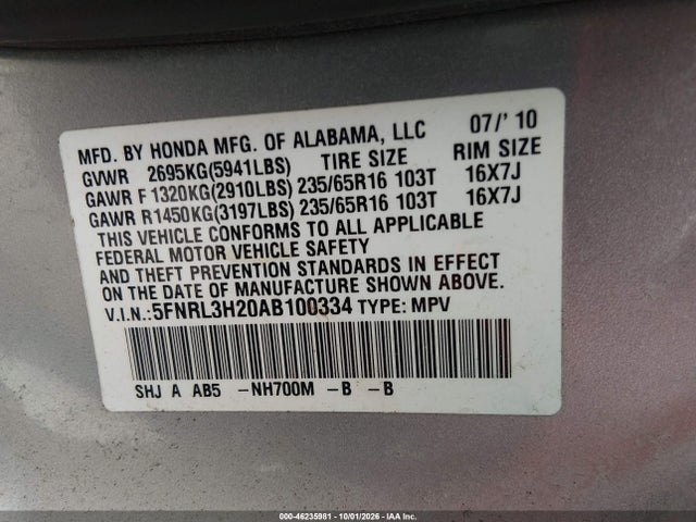 2010 Honda Odyssey Lx მანქანა იყიდება აუქციონზე, vin: 5FNRL3H20AB100334, აუქციონის ნომერი: 46235981