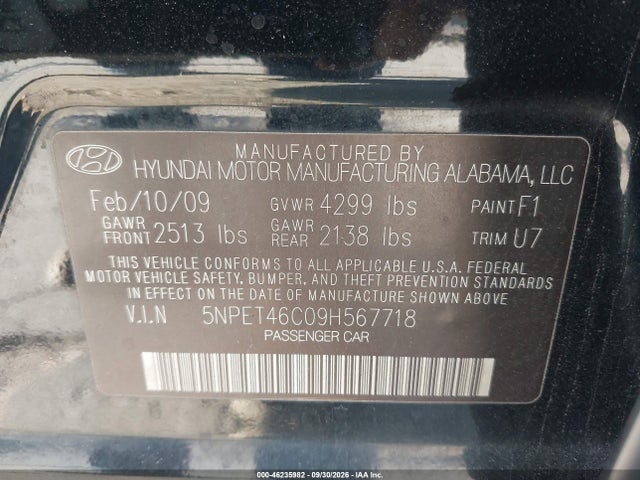 Продаж на аукціоні авто 2009 Hyundai Sonata Gls, vin: 5NPET46C09H567718, номер лоту: 46235982