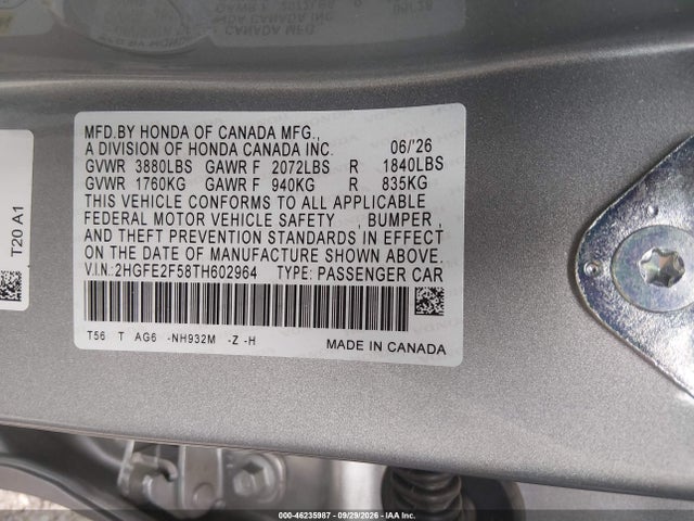 2026 Honda Civic Sport მანქანა იყიდება აუქციონზე, vin: 2HGFE2F58TH602964, აუქციონის ნომერი: 46235987
