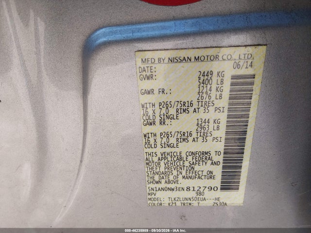 Aukcja sprzedaży 2014 Nissan Xterra Pro-4x, vin: 5N1AN0NW3EN812790, numer aukcji: 46235989