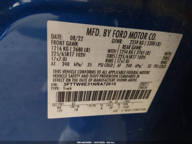 46235995 :رقم المزاد ، 3FTTW8E31NRA72619 vin ، 2022 Ford Maverick Xlt مزاد بيع
