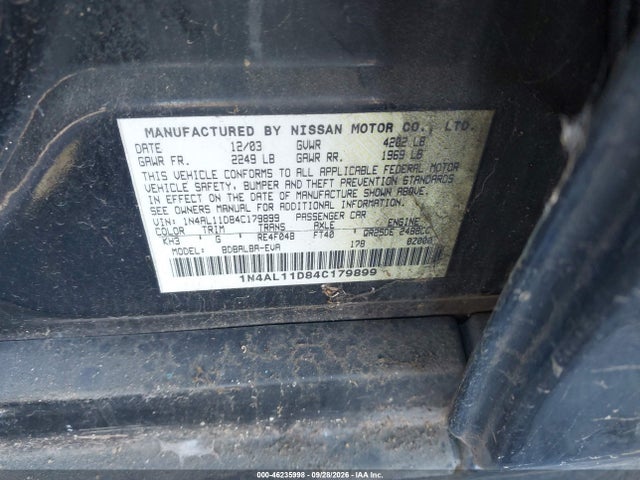 Продажа на аукционе авто 2004 Nissan Altima 2.5 Sl, vin: 1N4AL11D84C179899, номер лота: 46235998