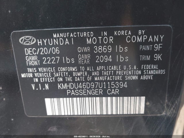 Продажа на аукционе авто 2007 Hyundai Elantra Gls/limited/se, vin: KMHDU46D97U115394, номер лота: 46236011