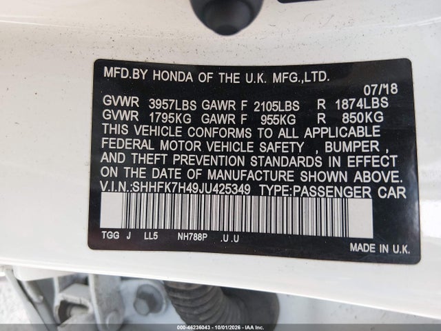 Продажа на аукционе авто 2018 Honda Civic Sport, vin: SHHFK7H49JU425349, номер лота: 46236043
