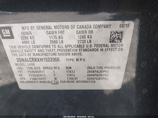 Продаж на аукціоні авто 2017 Chevrolet Equinox Lt, vin: 2GNALCEKXH1522066, номер лоту: 46236048