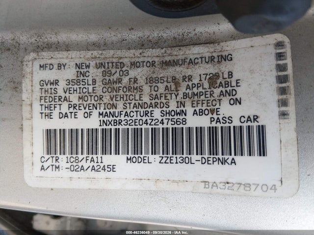 Aukcja sprzedaży 2004 Toyota Corolla Le, vin: 1NXBR32E04Z247568, numer aukcji: 46236049