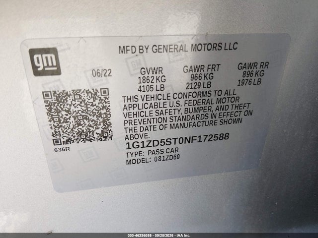 46236055 :رقم المزاد ، 1G1ZD5ST0NF172588 vin ، 2022 Chevrolet Malibu Fwd Lt مزاد بيع