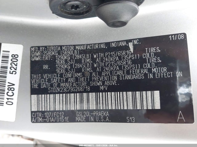 Продажа на аукционе авто 2009 Toyota Sienna Le, vin: 5TDZK23C79S268718, номер лота: 46236071