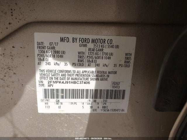 46236072 :رقم المزاد ، 2FMPK4J91HBC37406 vin ، 2017 Ford Edge Sel مزاد بيع