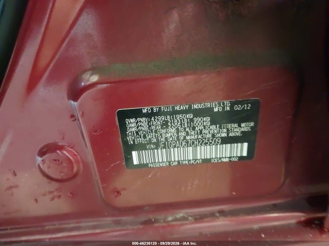 2012 Subaru Impreza 2.0i Premium მანქანა იყიდება აუქციონზე, vin: JF1GPAD67CH225509, აუქციონის ნომერი: 46236120