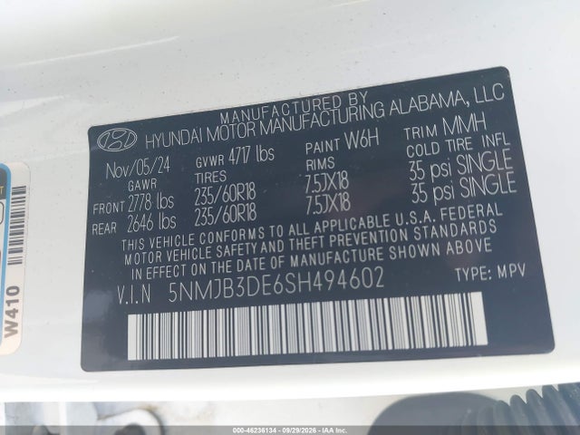 2025 Hyundai Tucson Sel მანქანა იყიდება აუქციონზე, vin: 5NMJB3DE6SH494602, აუქციონის ნომერი: 46236134