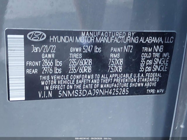 Aukcja sprzedaży 2022 Hyundai Santa Fe Sel, vin: 5NMS3DAJ9NH425285, numer aukcji: 46236142