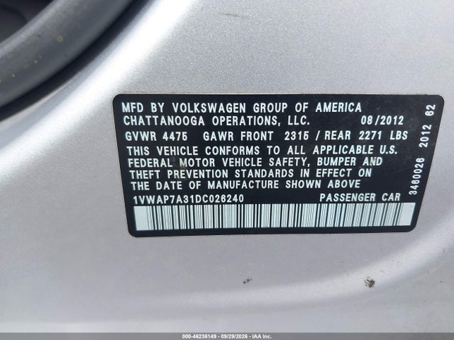 46236149 :رقم المزاد ، 1VWAP7A31DC026240 vin ، 2013 Volkswagen Passat 2.5l S مزاد بيع