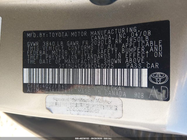 46236152 :رقم المزاد ، 2T1BU40E99C040225 vin ، 2009 Toyota Corolla Le مزاد بيع