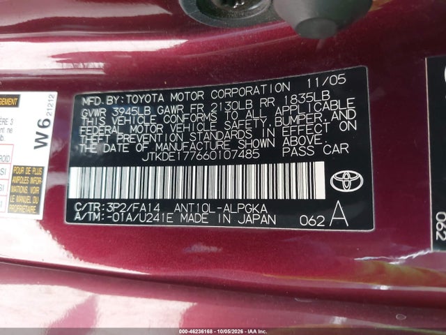 2006 Scion Tc მანქანა იყიდება აუქციონზე, vin: JTKDE177660107485, აუქციონის ნომერი: 46236168