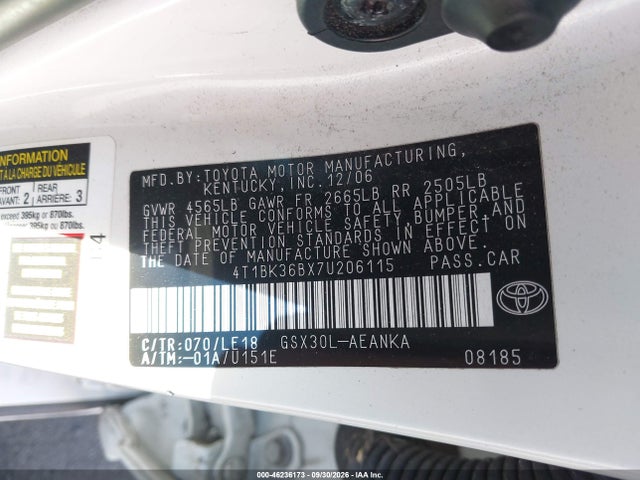 2007 Toyota Avalon Touring მანქანა იყიდება აუქციონზე, vin: 4T1BK36BX7U206115, აუქციონის ნომერი: 46236173