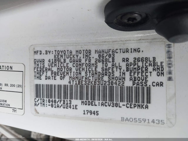 Aukcja sprzedaży 2003 Toyota Camry Le, vin: 4T1BE32K83U230422, numer aukcji: 46236174