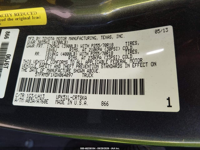 Продаж на аукціоні авто 2013 Toyota Tundra Grade 4.6l V8, vin: 5TFRM5F1XDX064097, номер лоту: 46236184