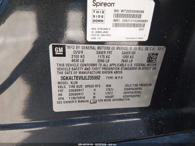 2018 Gmc Terrain Sle მანქანა იყიდება აუქციონზე, vin: 3GKALTEV9JL235992, აუქციონის ნომერი: 46236186