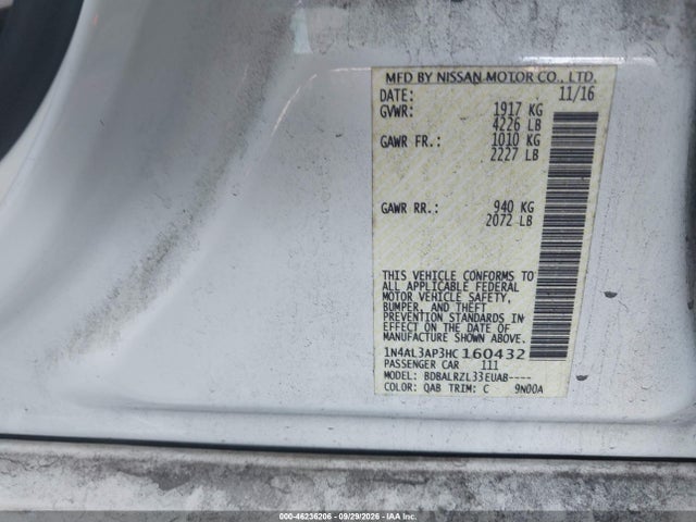 Aukcja sprzedaży 2017 Nissan Altima 2.5 Sl, vin: 1N4AL3AP3HC160432, numer aukcji: 46236206