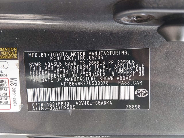 2007 Toyota Camry Le მანქანა იყიდება აუქციონზე, vin: 4T1BE46K77U538378, აუქციონის ნომერი: 46236216