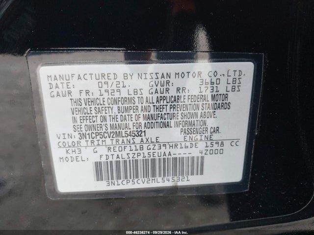 Продаж на аукціоні авто 2021 Nissan Kicks Sv Xtronic Cvt, vin: 3N1CP5CV2ML545321, номер лоту: 46236274