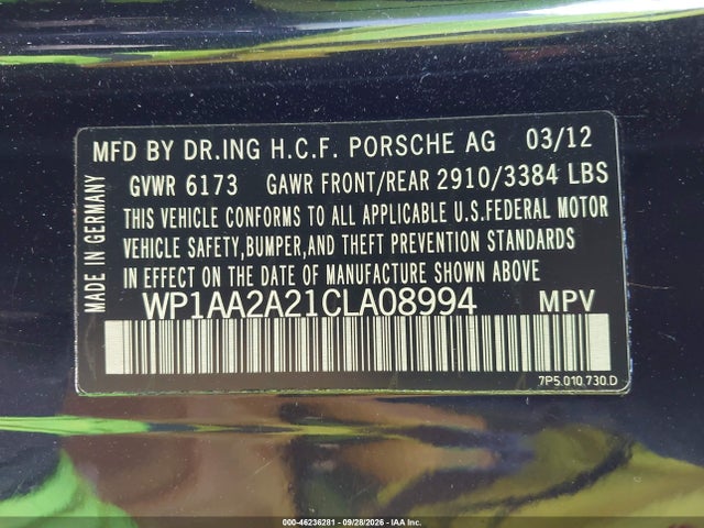 Продаж на аукціоні авто 2012 Porsche Cayenne, vin: WP1AA2A21CLA08994, номер лоту: 46236281