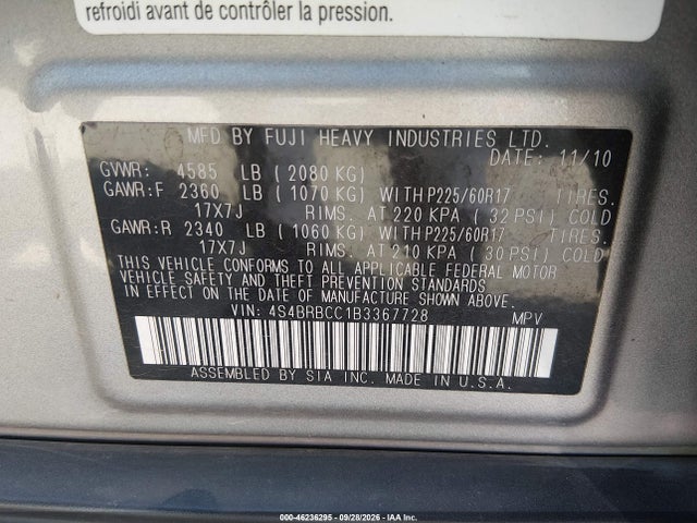 46236295 :رقم المزاد ، 4S4BRBCC1B3367728 vin ، 2011 Subaru Outback 2.5i Premium مزاد بيع