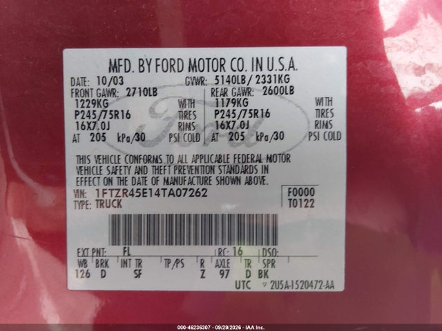 Продажа на аукционе авто 2004 Ford Ranger Edge/tremor/xlt, vin: 1FTZR45E14TA07262, номер лота: 46236307